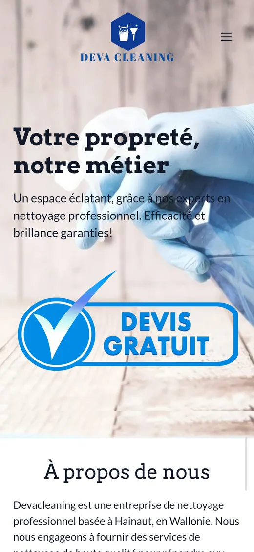 Page d'accueil du site Deva Cleaning sur smartphone : Votre propreté, notre métier, devis gratuit
