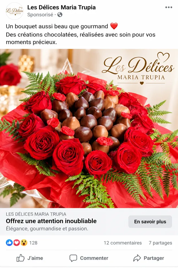 Publicité Facebook Les Délices Maria Trupia : bouquet de roses et de fraises enrobées de chocolat