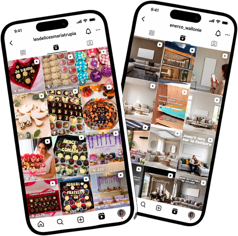 Comptes Instagram Les Délices et Enerco Wallonie avec Reels montés par Azaro Marketing sur smartphone