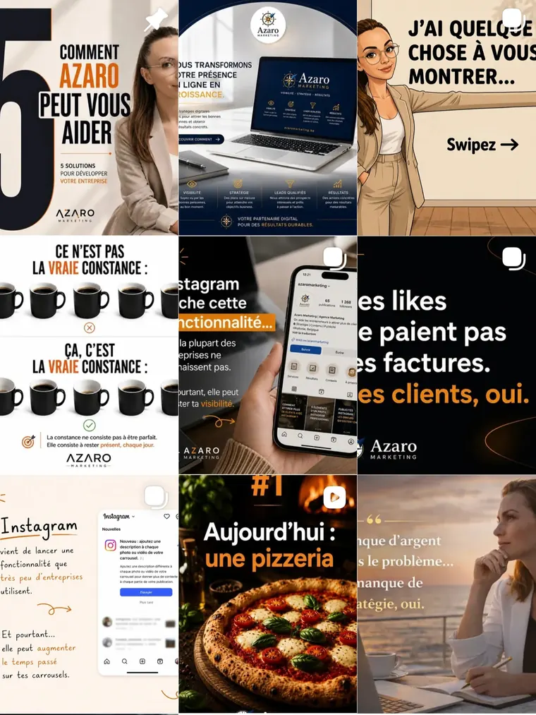 Grille de publications Instagram créées avec l'IA par Azaro Marketing